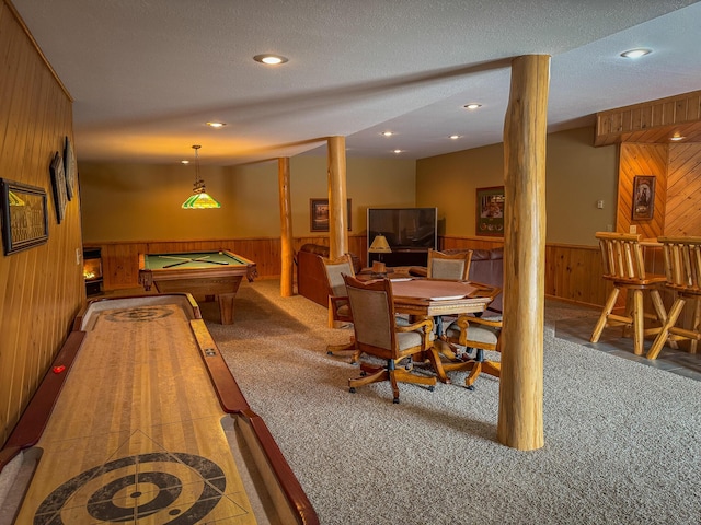 9184 S M-37 Hwy, Wellston, MI 49689 - recreation room with wooden walls, wainscoting, carpet floors, billiards table, and recessed lighting
