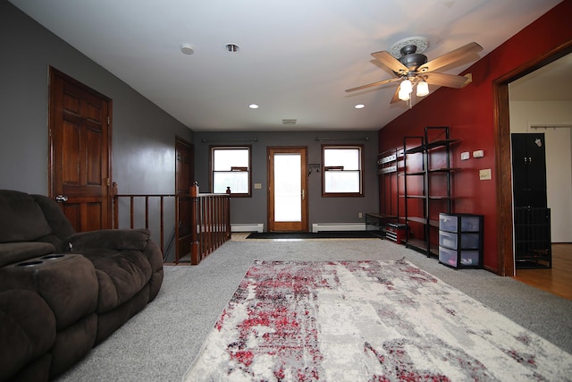 53240 Hemlock Lake Rd, Marcellus, MI 49067 - living room featuring carpet flooring, a baseboard heating unit, baseboard heating, a ceiling fan, and recessed lighting