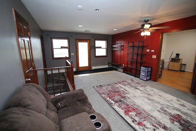 53240 Hemlock Lake Rd, Marcellus, MI 49067 - living area with carpet flooring, baseboard heating, ceiling fan, recessed lighting, and baseboards