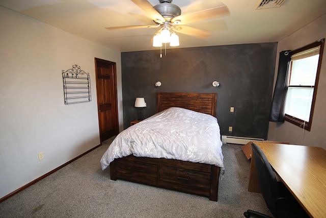 53240 Hemlock Lake Rd, Marcellus, MI 49067 - carpeted bedroom with a baseboard heating unit, ceiling fan, and baseboards