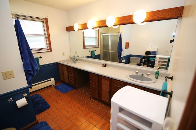 53240 Hemlock Lake Rd, Marcellus, MI 49067 - bathroom with a baseboard radiator, a stall shower, double vanity, and brick patterned flooring