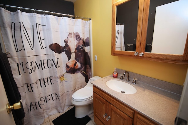 53240 Hemlock Lake Rd, Marcellus, MI 49067 - full bathroom featuring vanity, toilet, tile patterned flooring, and a shower with shower curtain
