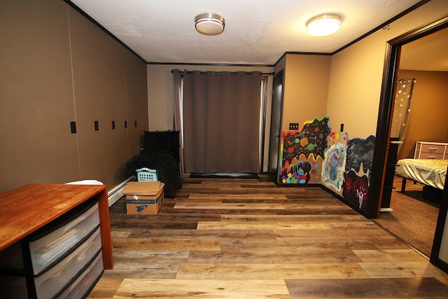 53240 Hemlock Lake Rd, Marcellus, MI 49067 - bedroom with wood finished floors, baseboard heating, a textured ceiling, and ornamental molding