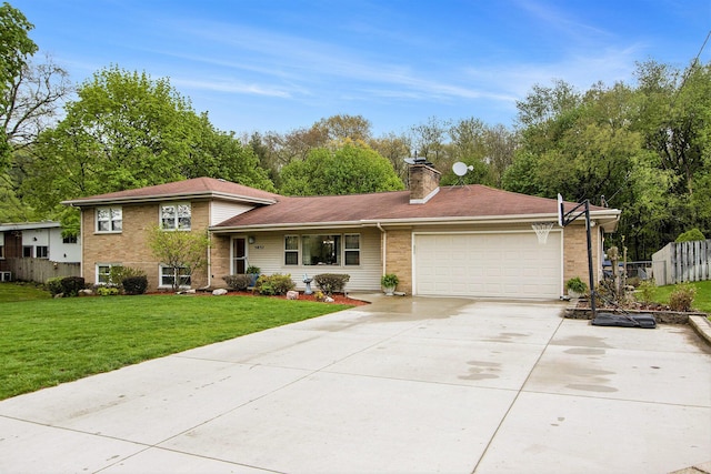 view of front of home with a front lawn, fence, a chimney, concrete driveway, and an attached garage