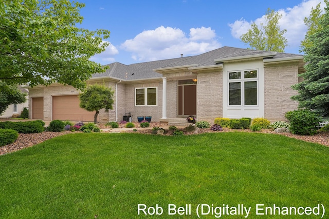 4524 Hidden Ridge Dr, Hudsonville, MI 49426 - prairie-style house with a front lawn, a garage, roof with shingles, and brick siding