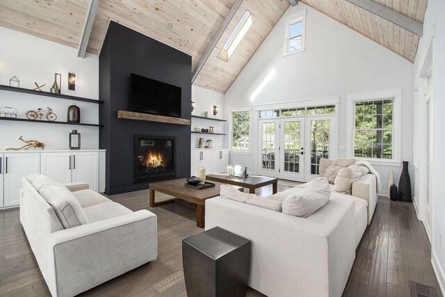 16220 Stones Throw Ln, Union Pier, MI 49129 - living area with visible vents, a fireplace, high vaulted ceiling, wooden ceiling, and french doors