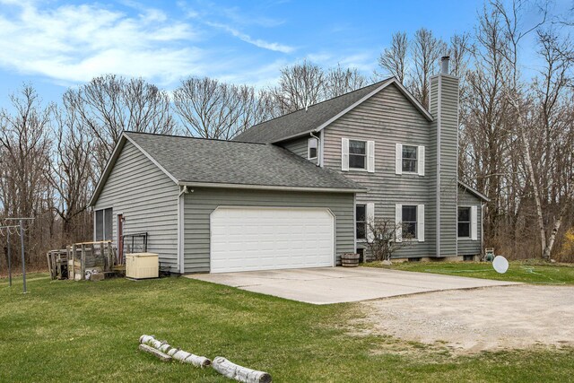 view of property exterior with a chimney, a lawn, concrete driveway, an attached garage, and a shingled roof