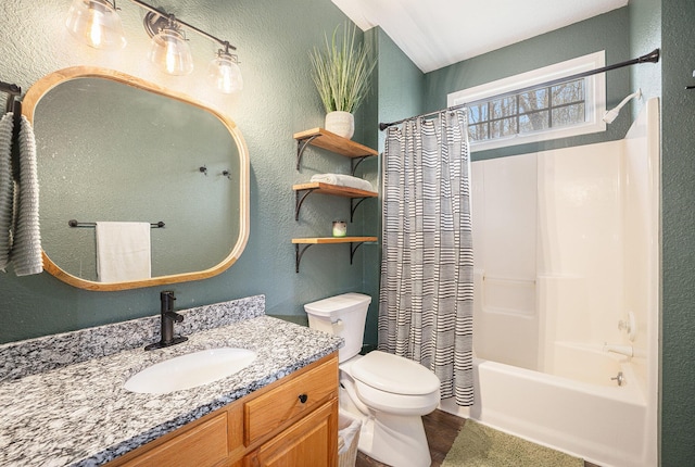 6847 Northstar Ave, Kalamazoo, MI 49009 - full bathroom featuring a textured wall, toilet, vanity, and shower / bath combination with curtain