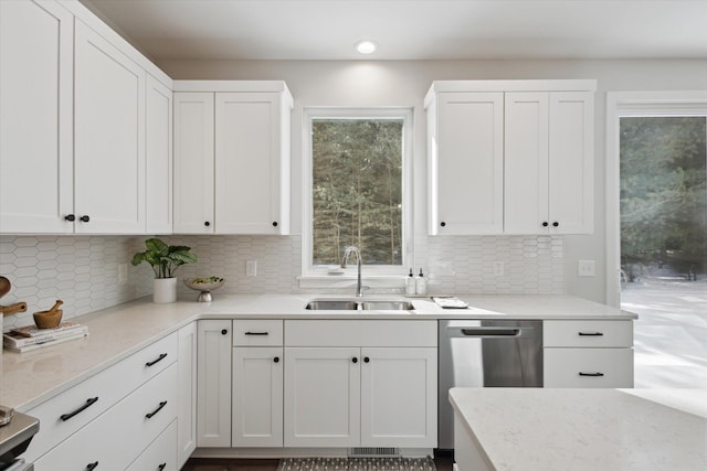 6602 E E Ave, Richland, MI 49083 - kitchen featuring a sink, dishwasher, white cabinetry, tasteful backsplash, and light stone counters