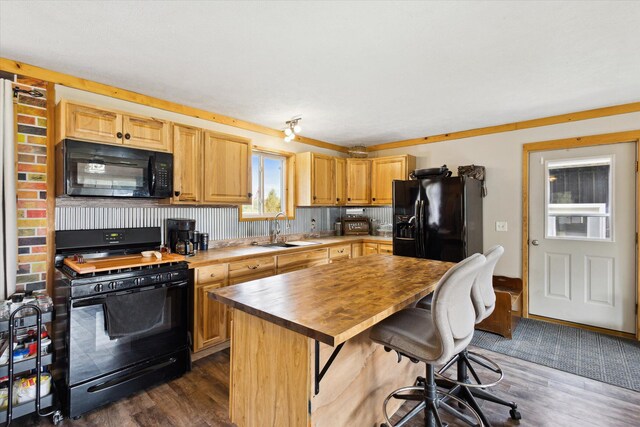 1366 Grow Rd NW, Stanton, MI 48888 - kitchen featuring black appliances, a sink, wooden counters, dark wood-style floors, and a kitchen island