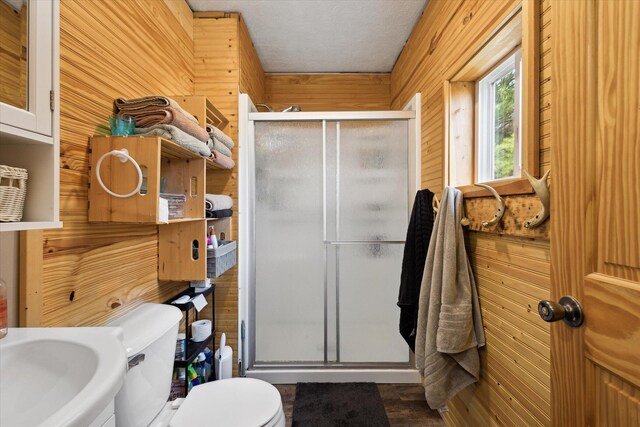 1366 Grow Rd NW, Stanton, MI 48888 - bathroom with wooden walls, a stall shower, toilet, a textured ceiling, and a sink