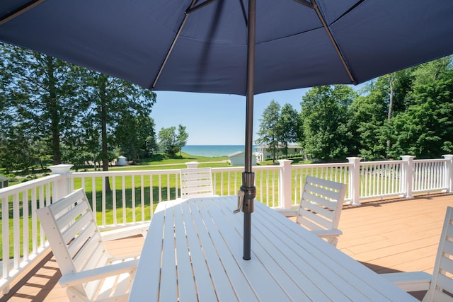 wooden deck with a water view and a yard