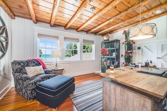 sitting room with wooden ceiling, wood finished floors, beamed ceiling, and wood walls