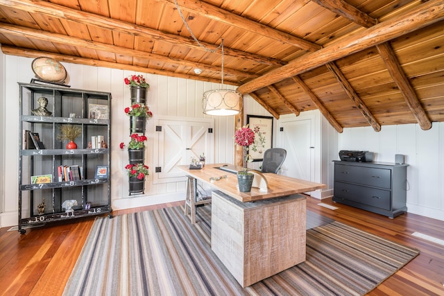 office area with wood ceiling and hardwood / wood-style flooring