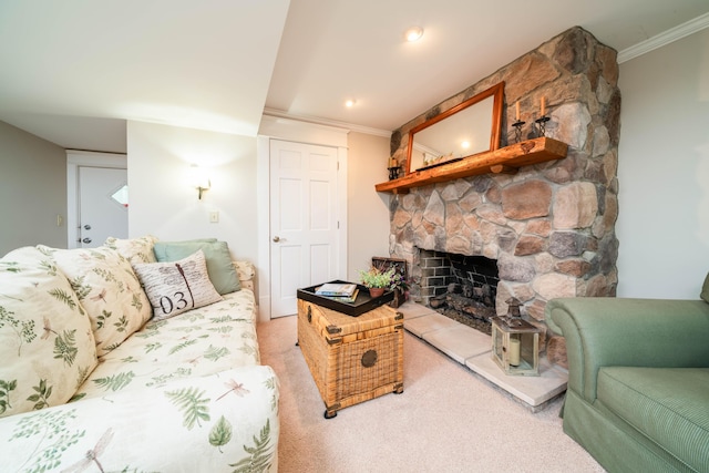 carpeted living room with crown molding and a fireplace