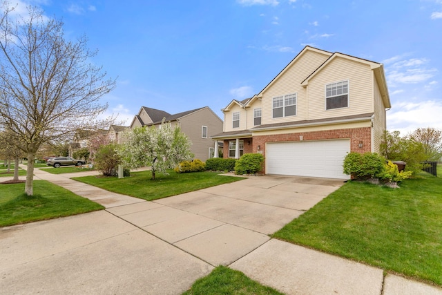 traditional-style house with a garage, a front lawn, and brick siding