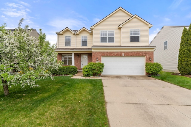 view of front of home featuring an attached garage, concrete driveway, brick siding, and a front lawn