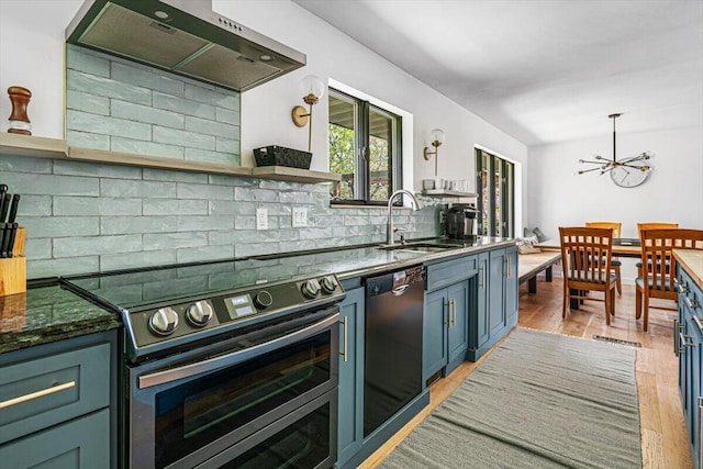 5407 Browntown Rd, Sawyer, MI 49125 - kitchen featuring range with two ovens, dishwasher, a sink, open shelves, and under cabinet range hood