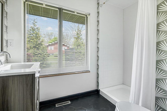 5407 Browntown Rd, Sawyer, MI 49125 - full bathroom featuring a stall shower, plenty of natural light, vanity, and baseboards