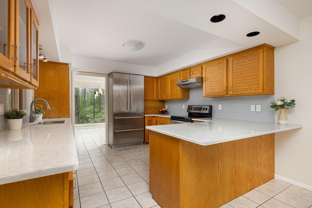 3949 Waldenwood Dr, Ann Arbor, MI 48105 - kitchen featuring appliances with stainless steel finishes, a sink, a peninsula, light tile patterned floors, and backsplash
