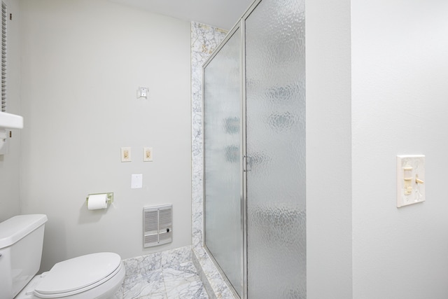 3949 Waldenwood Dr, Ann Arbor, MI 48105 - bathroom with marble finish floors, a shower stall, toilet, and heating unit