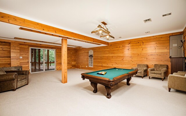 3949 Waldenwood Dr, Ann Arbor, MI 48105 - recreation room with wooden walls, billiards table, and carpet floors