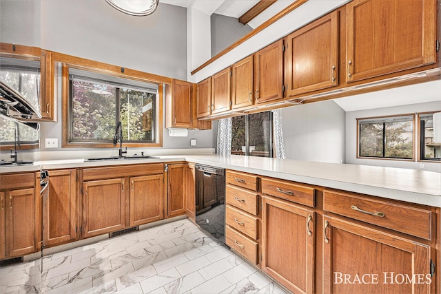 kitchen with a sink, light marble finish flooring, black dishwasher, and light countertops
