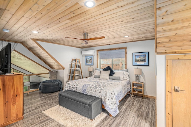 17389 Rapids Dr, Hersey, MI 49639 - bedroom with wooden ceiling, a wall mounted AC, recessed lighting, wood finished floors, and lofted ceiling