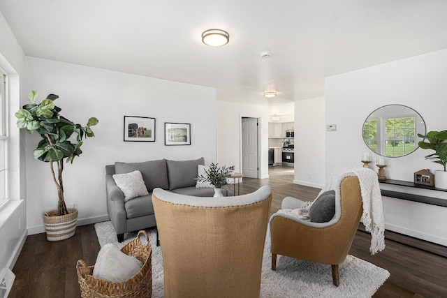 living area with baseboards and wood finished floors