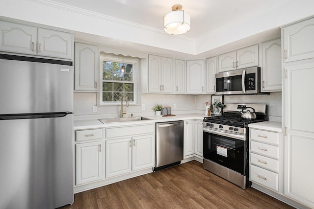 kitchen featuring a sink, ornamental molding, dark wood-style flooring, light countertops, and appliances with stainless steel finishes