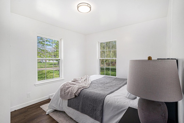 bedroom with baseboards, multiple windows, and dark wood finished floors