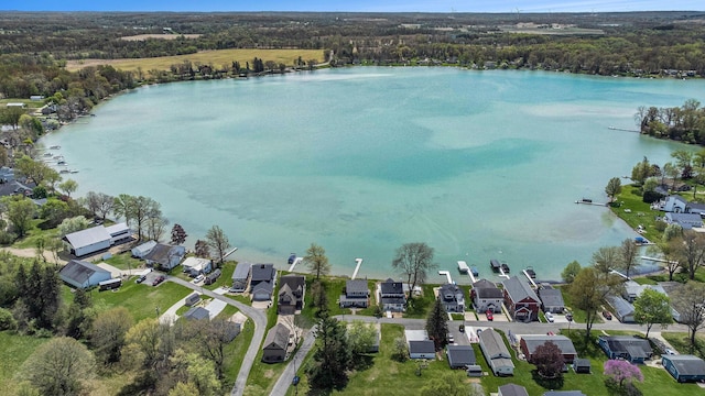 447 Paradise Ln, Horton, MI 49246 - aerial perspective of suburban area with a large body of water and a heavily wooded area