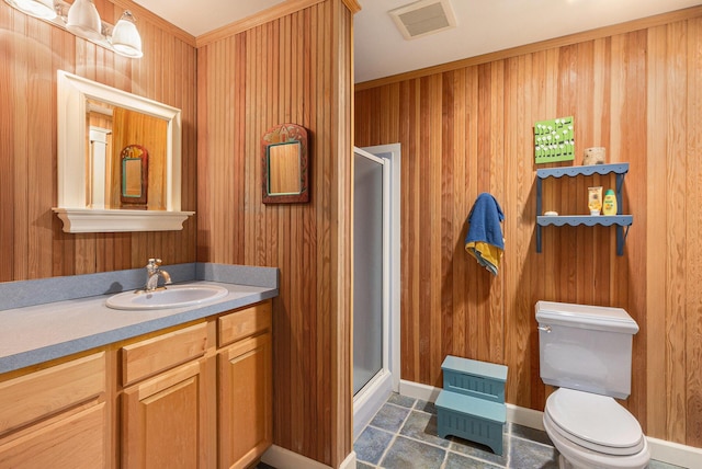 447 Paradise Ln, Horton, MI 49246 - full bath with a shower stall, toilet, wooden walls, and vanity