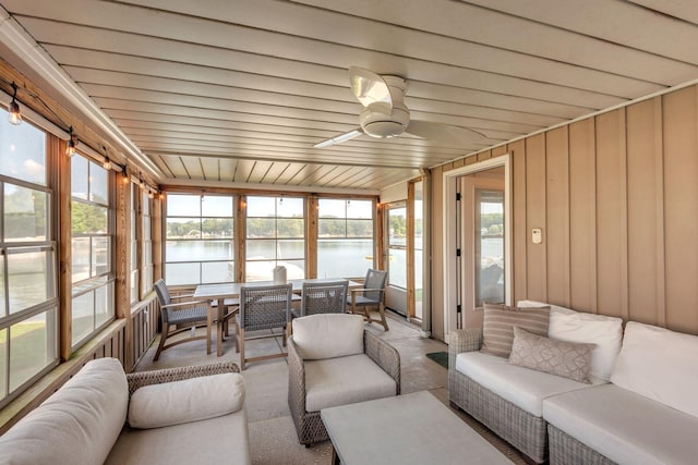 67592 95th Ave, Dowagiac, MI 49047 - sunroom featuring an outdoor living space, a water view, and ceiling fan