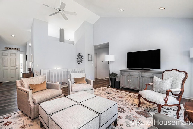 1334 Thornberry Ct W, Grand Rapids, MI 49546 - living room featuring baseboards, light wood-style flooring, a ceiling fan, and high vaulted ceiling