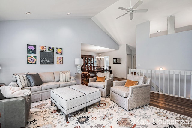 1334 Thornberry Ct W, Grand Rapids, MI 49546 - living area with recessed lighting, high vaulted ceiling, ceiling fan with notable chandelier, and wood finished floors