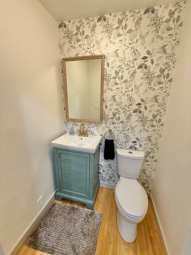 5795 S M37 Hwy, Hastings, MI 49058 - bathroom with toilet, wood finished floors, wallpapered walls, baseboards, and vanity
