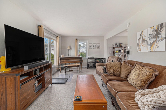 living room with light colored carpet