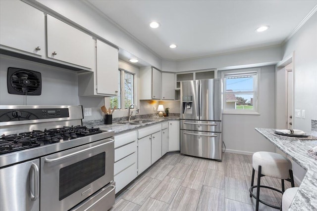 1610 Saunders Cres, Ann Arbor, MI 48103 - kitchen featuring a sink, stainless steel appliances, ornamental molding, recessed lighting, and white cabinets