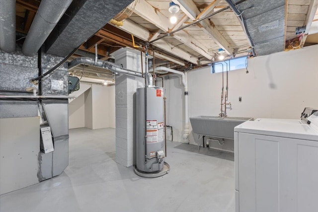 1610 Saunders Cres, Ann Arbor, MI 48103 - below grade area featuring gas water heater, washer / clothes dryer, and a sink