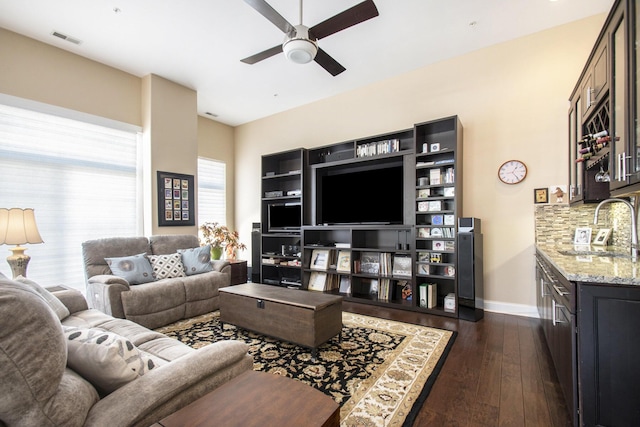 225 N Whittaker St Unit 7 & 8, New Buffalo, MI 49117 - living room with ceiling fan, dark wood finished floors, and baseboards