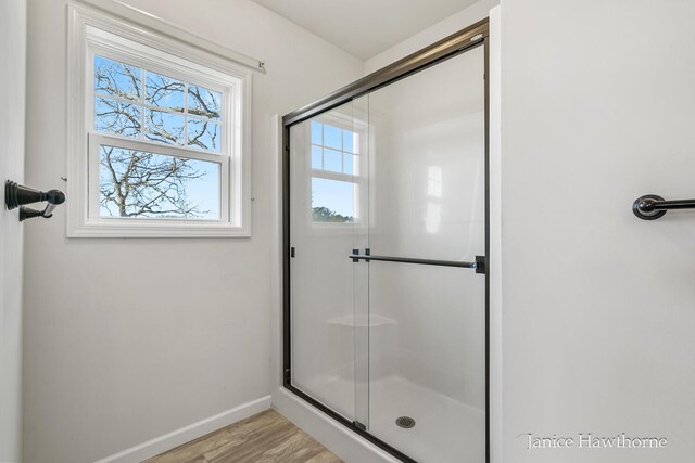 7177 Longview Ct, Delton, MI 49046 - full bathroom featuring baseboards, a stall shower, and wood finished floors