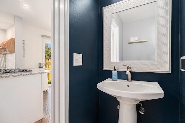 bathroom with a sink and wood finished floors
