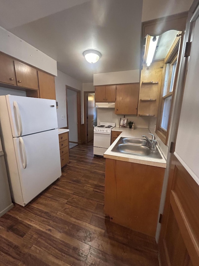 2140 Banner Dr SW, Wyoming, MI 49509 - kitchen with under cabinet range hood, dark wood-style flooring, a sink, and white appliances