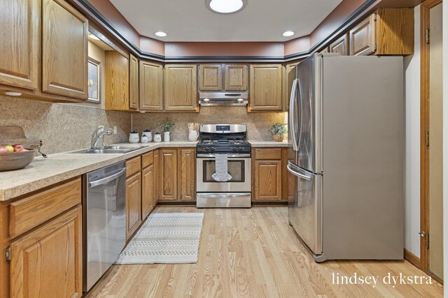 1013 Country Gdns NW, Walker, MI 49534 - kitchen with stainless steel appliances, under cabinet range hood, a sink, light countertops, and light wood-type flooring