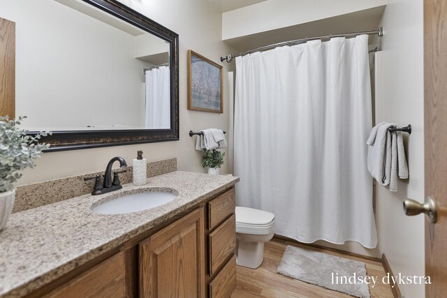 1013 Country Gdns NW, Walker, MI 49534 - bathroom with toilet, a shower with shower curtain, wood finished floors, and vanity
