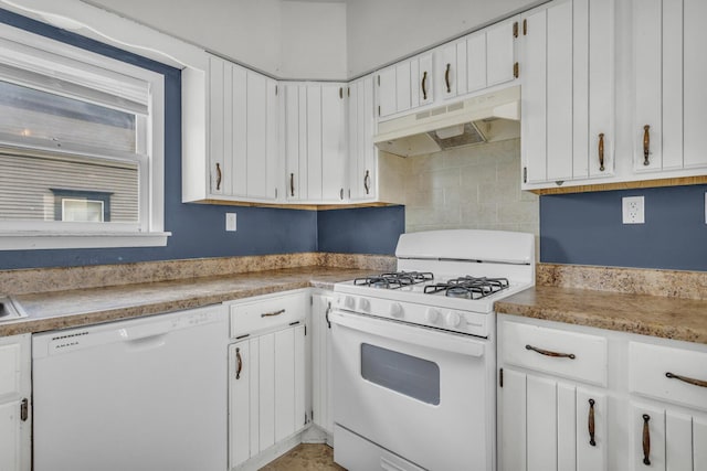 kitchen with white cabinetry, white appliances, under cabinet range hood, light countertops, and tasteful backsplash