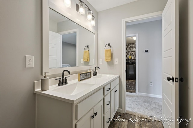 560 Pioneer Trl, Cedar Springs, MI 49319 - bathroom with baseboards, double vanity, a sink, and wood finished floors