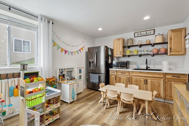 560 Pioneer Trl, Cedar Springs, MI 49319 - kitchen featuring a sink, light wood-style flooring, open shelves, and appliances with stainless steel finishes
