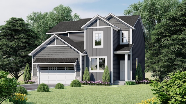 8851 Loggers Ridge Ct SE, Caledonia, MI 49316 - view of front of home with board and batten siding, a garage, stone siding, a front yard, and roof with shingles